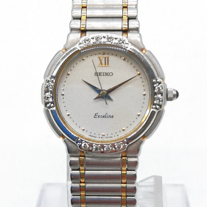 稼動品 SEIKO セイコー 1F21-0D60 電池交換済 エクセリーヌ クォーツ レディース 腕時計 12Pダイヤモンドベゼル ゴールドコンビ 希少 58-27