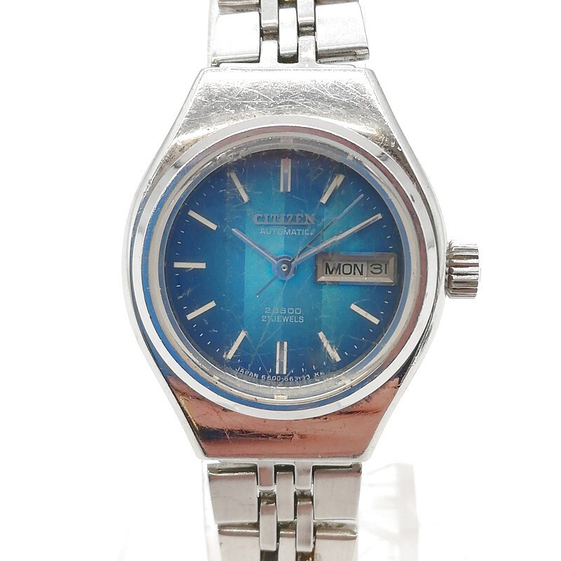 稼動品 CITIZEN シチズン 4-661087-K ブルー 3針 ラウンド ステンレス 自動巻 カットガラス レディース腕時計 58-28