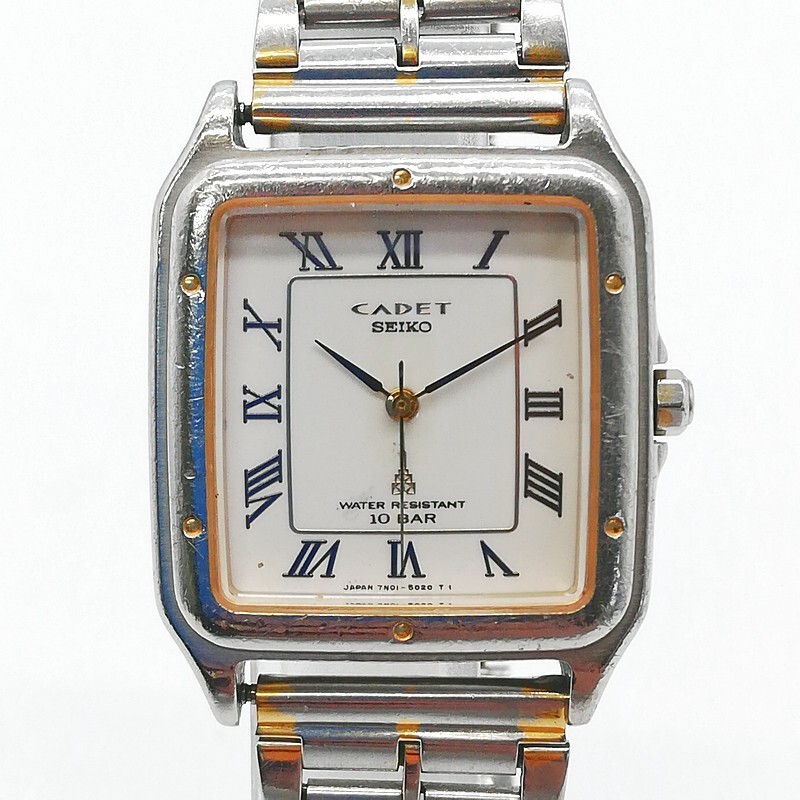 稼動品 SEIKO セイコー 7N01-5010 電池交換済 CADET カデット 3針 スクエア ベースメタル クォーツ メンズ腕時計 ホワイト文字盤 58-31