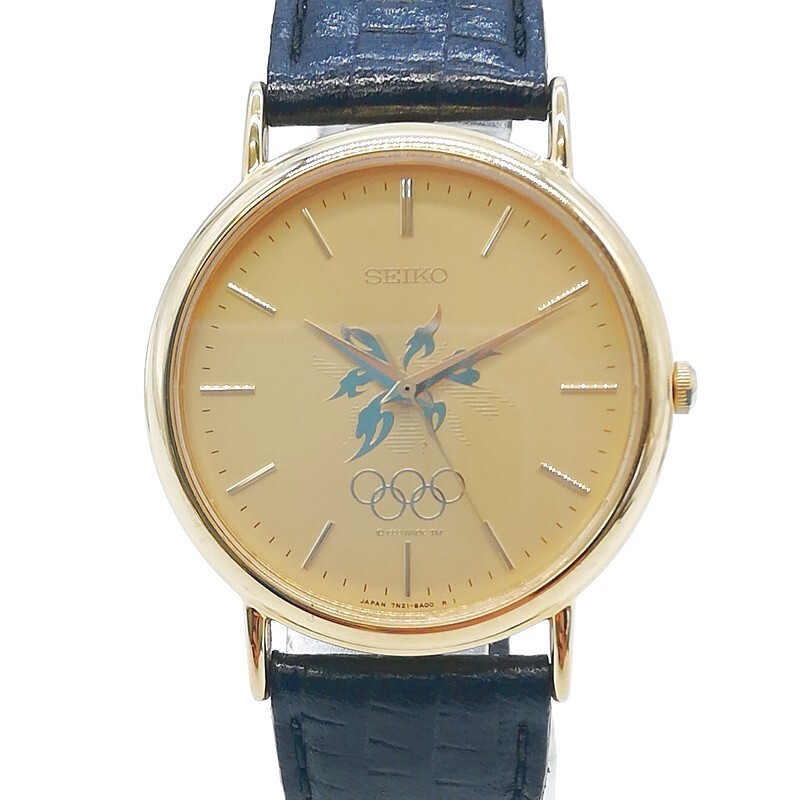 稼動品 SEIKO セイコー 7N21-8A00 電池交換済 1998年 長野オリンピック記念モデル ゴールド文字盤 黒ベルト 限定モデル アンティーク 58-34