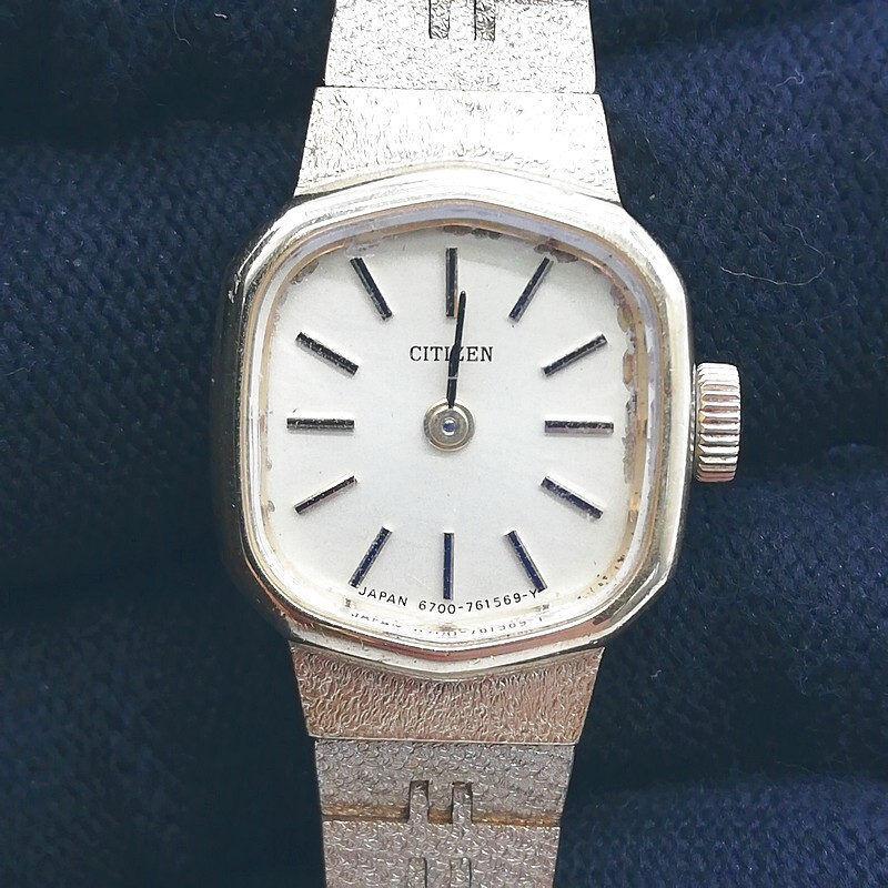 稼動品 CITIZEN シチズン 4-677684 電池交換済 ゴールド 2針 スクエア レディース 腕時計 アンティーク 金メッキ 58-36