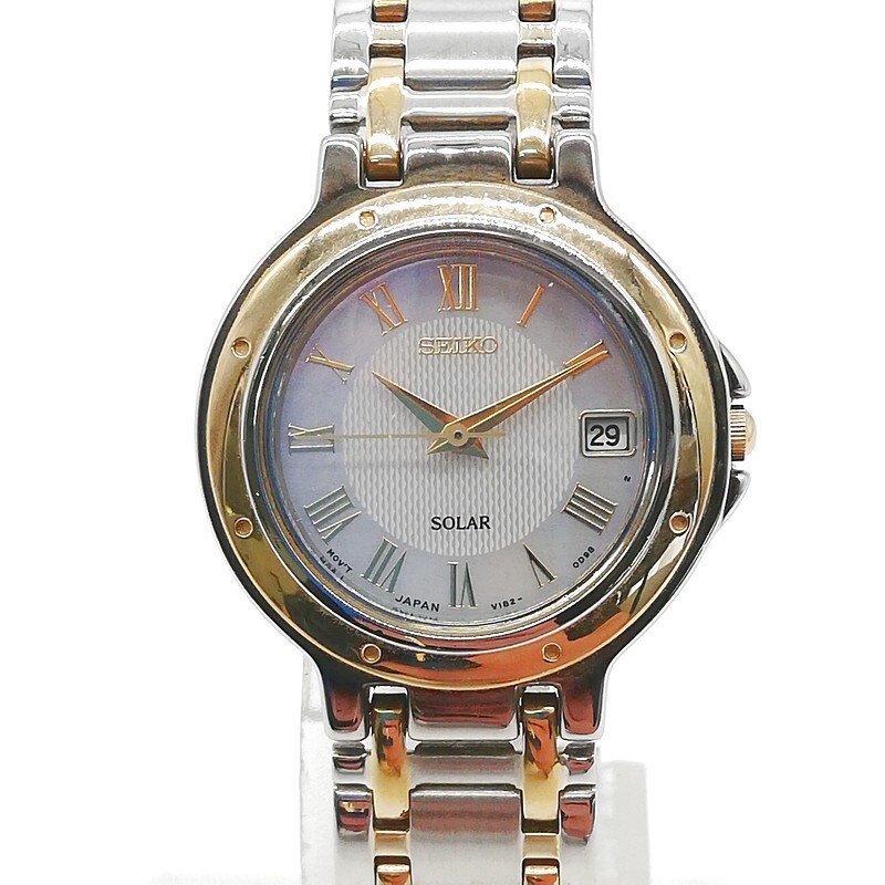 稼動品 SEIKO セイコー V182-0C20 ソーラー 3針 カレンダー シェル文字盤 メタルバンド ゴールド ラウンド 58-38