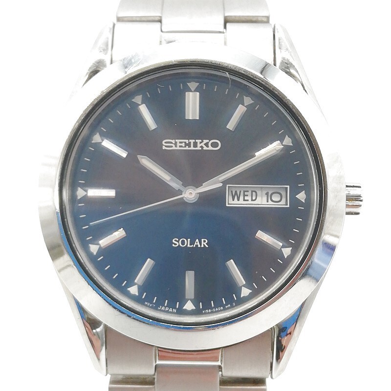 稼動品 SEIKO セイコー V158-0AB0 純正メタルバンド デイデイト 電波ソーラー 黒文字盤 ブラック ラウンド メンズ腕時計 シルバー 58-40