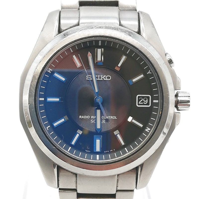 稼動品 SEIKO セイコー 7B22-0BH0 ブラック文字盤 デイト 電波ソーラー ラウンド 3針 銀 シルバー メンズ 腕時計 58-53