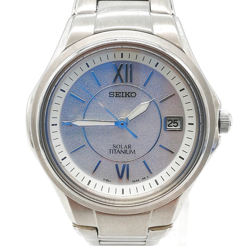 稼動品 SEIKO セイコー V182-0AA0 腕時計 充電式 ソーラー レディース チタン 純正ベルト ラウンド シルバー 58-58