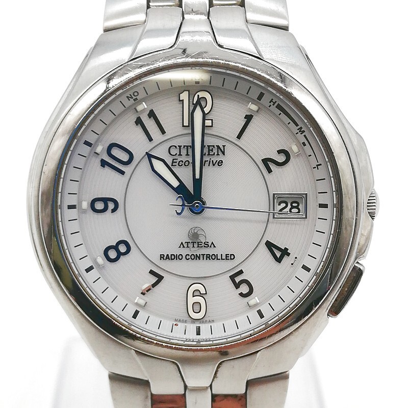 稼動品 CITIZEN シチズン H410-T007627 アテッサ 電波ソーラー デイト チタン 純正ベルト ホワイト メンズ 腕時計 デイト シルバー 58-61