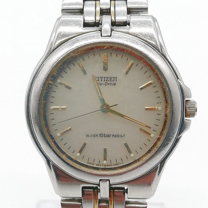 稼動品 CITIZEN シチズン E030-K16253 白文字盤 電波ソーラー メンズ腕時計 ゴールド シルバー 白 コンビ 10BAR 58-62