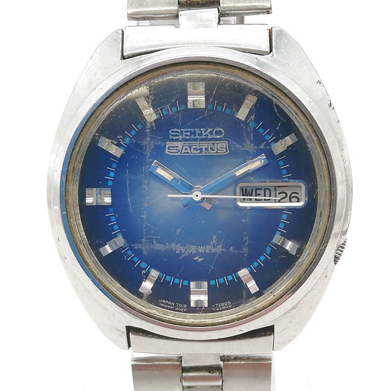 稼動品 SEIKO セイコー 7019-7210 自動巻き 腕時計 ブルー シルバー カットガラス 5アクタス 21石 3針 ラウンド SS 58-74