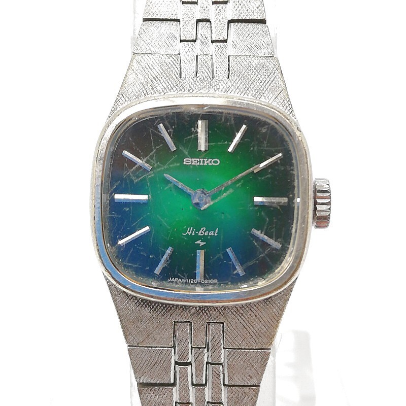 稼動品 SEIKO セイコー 1120-3060 Hi-Beat 手巻き 機械式 グリーン アンティーク ビンテージ スクエア シルバー レディース腕時計 58-75