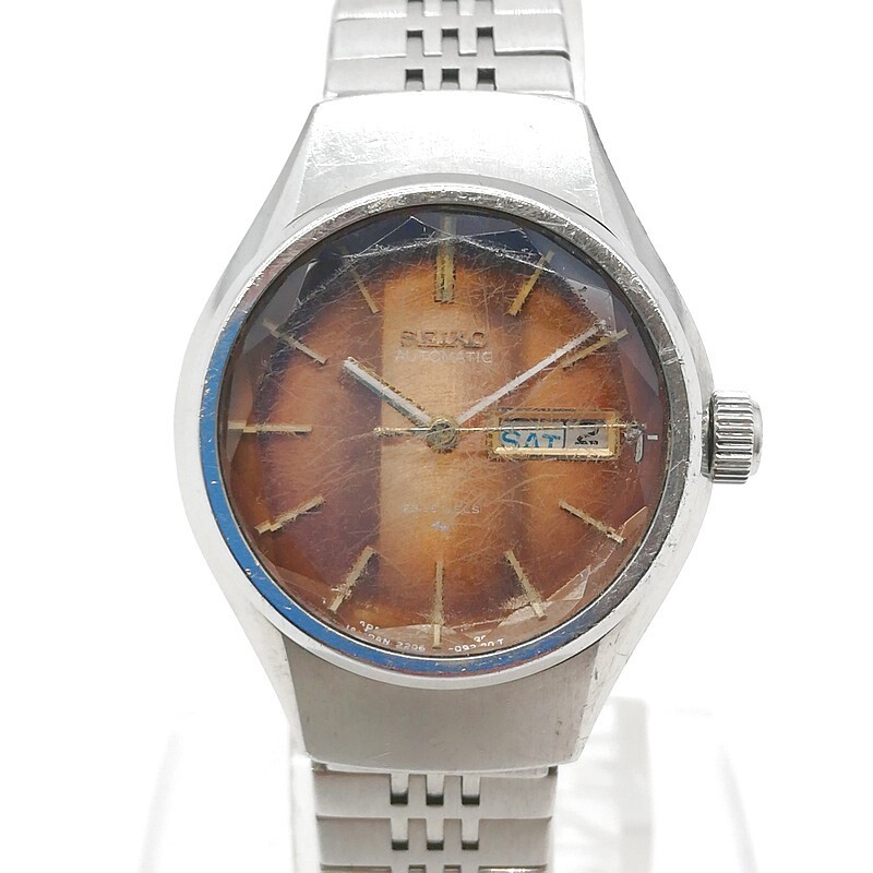 稼動品 SEIKO セイコー 2206-0630 AT/自動巻き ブラウン文字盤 カットガラス デイデイト 23石 レディース腕時計 シルバー 純正ベルト 58-77