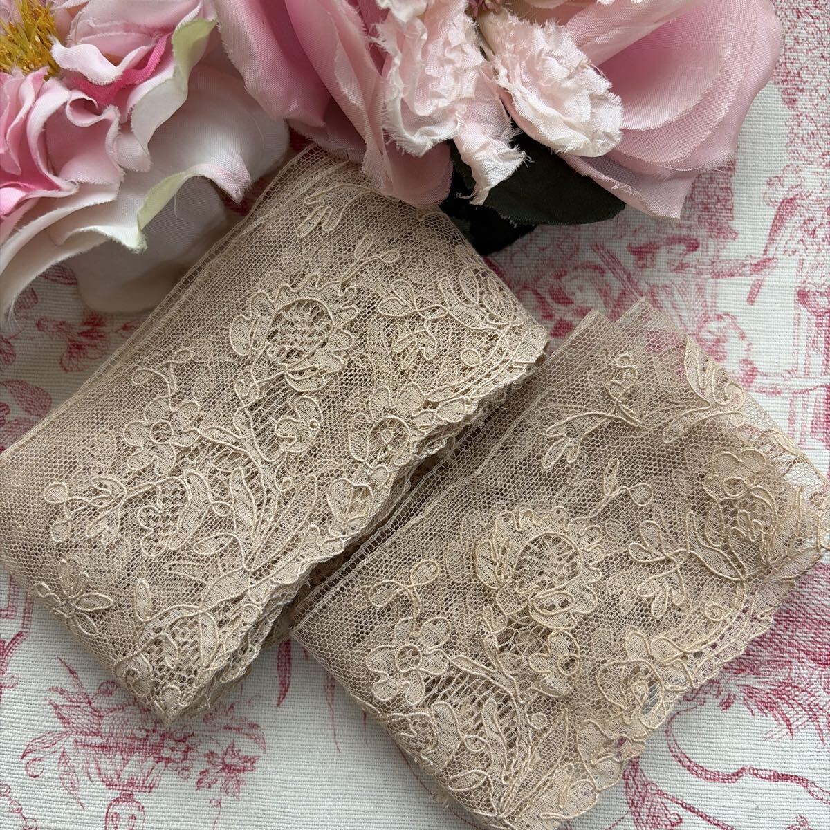 フランスアンティーク 豪華！美しいチュール系刺繍レース2点！未使用　見本　ふんわり　繊細　スカラップ　ハンドメイド　素材　ドール　