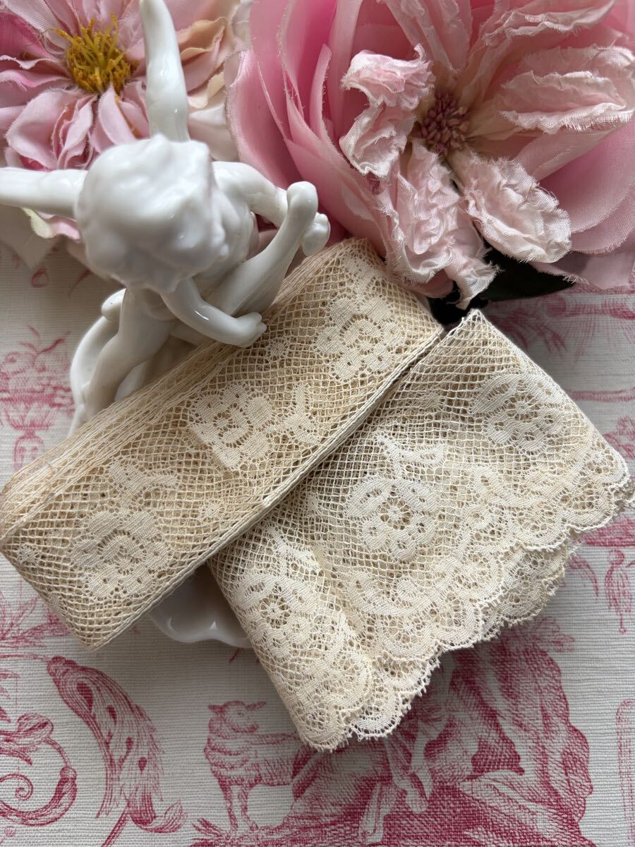 フランスアンティーク 豪華！美しいチュール系刺繍レース2点セット！計5m 花刺繍　スカラップ　ハンドメイド　素材　ドール リメイク