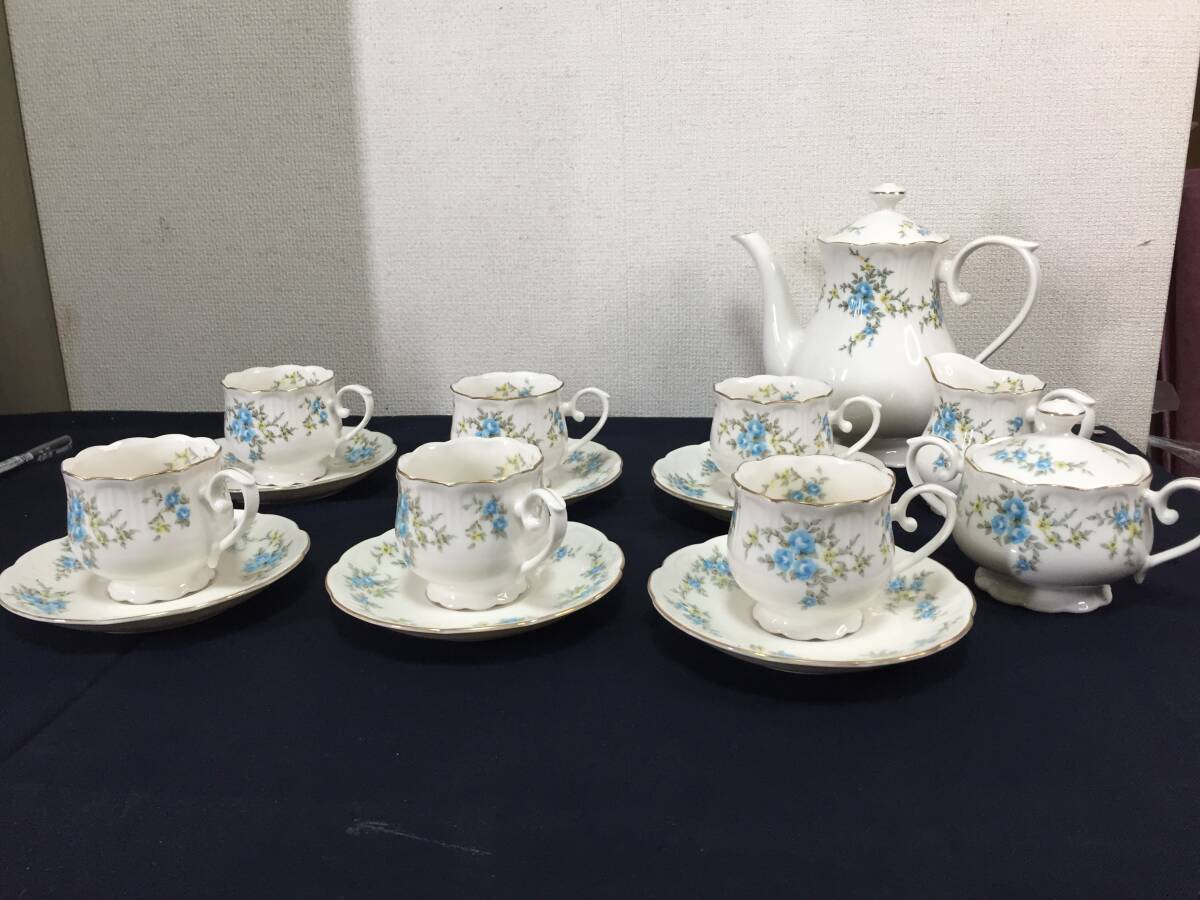 ☆HOYA クリスタル（ティーセット17Pセット）ティーポット・ミルク・シュガー　花柄ブル－ 金彩　昭和レトロ☆ 