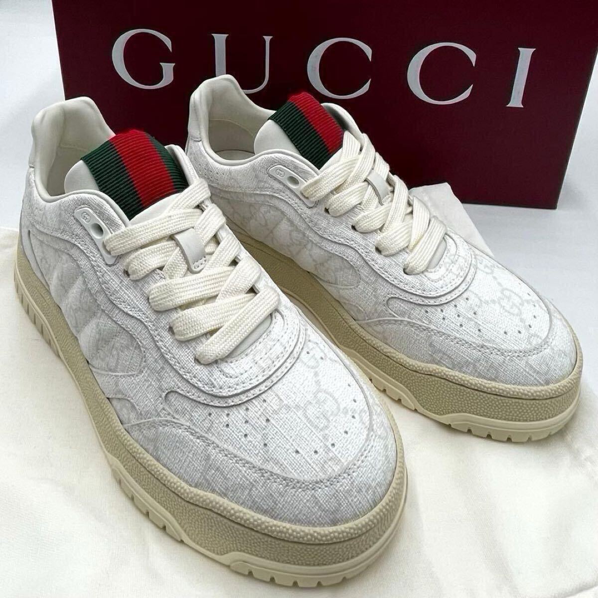 付属品完備 未使用に近い 現行品 GUCCI グッチ Re-Web リウェブ GG スニーカー シェリーライン 34 ホワイト 白　厚底