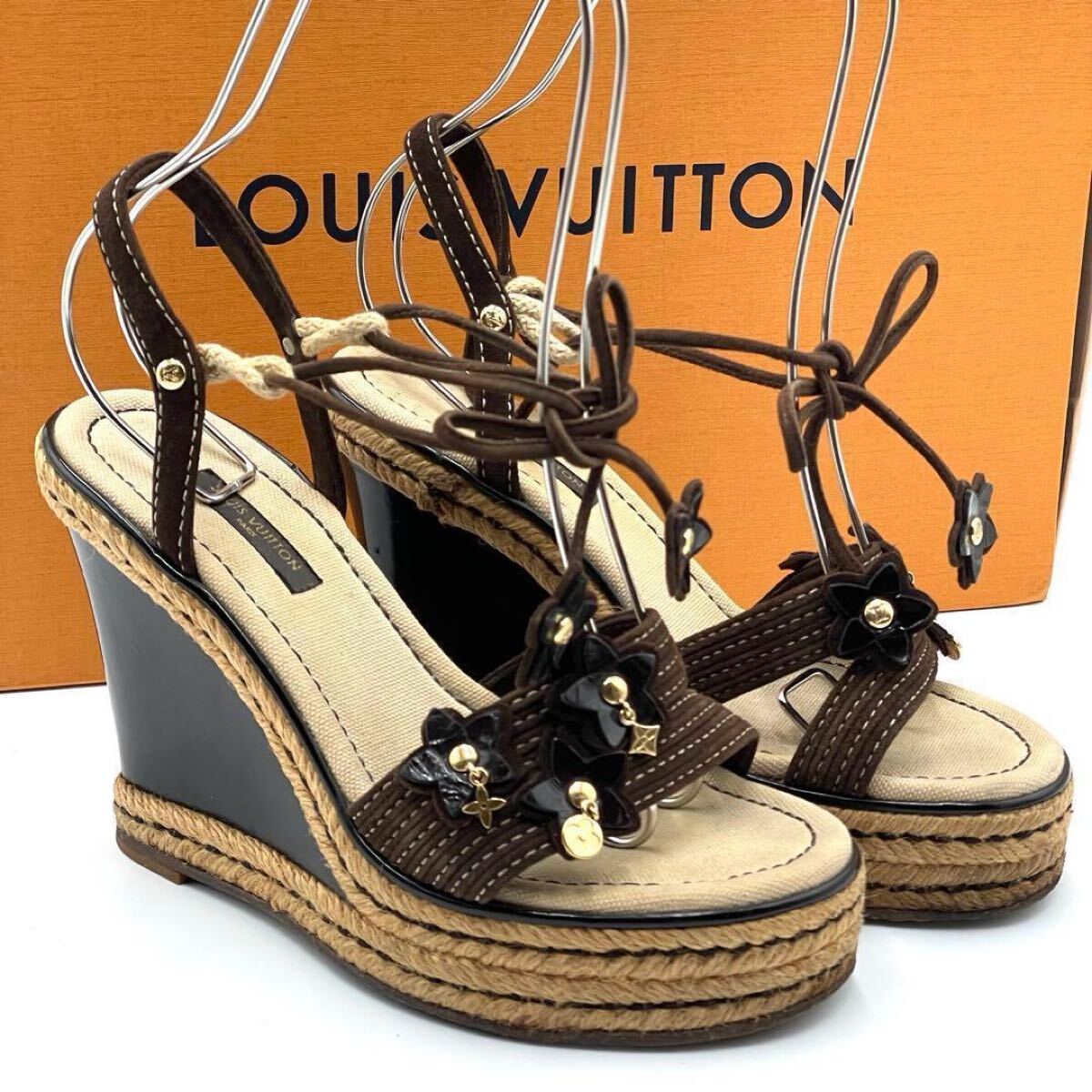 LOUIS VUITTON ルイヴィトン モノグラム ウェッジソール サンダル 34 1/2 約22cm ブラウン系