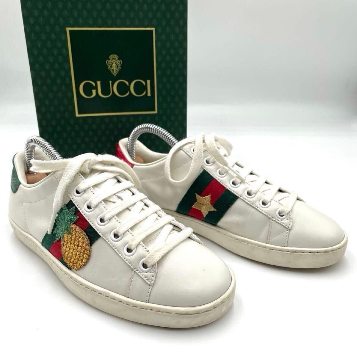 美品 GUCCI グッチ スニーカー エース ビー 刺繍 パイナップル スター シェリーライン レザー 革 ホワイト 白 35