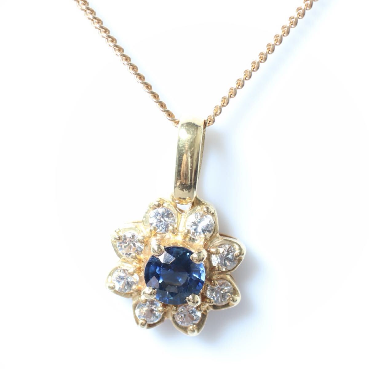 ★1円スタート★ K18 サファイア ネックレス 0.86ct 3.7g フラワーモチーフ　ダイヤ