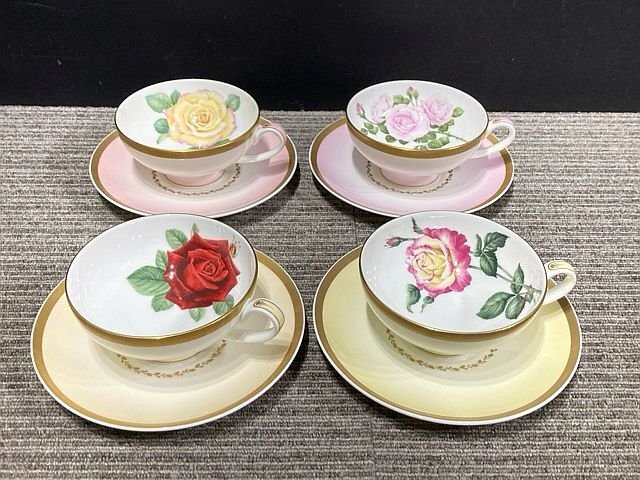 Y5654S ナルミ Hall of Fame Roses ホール・オブ・フェイム・ローズ バラ 薔薇 金彩 カップ&ソーサー 4客 廃盤 希少