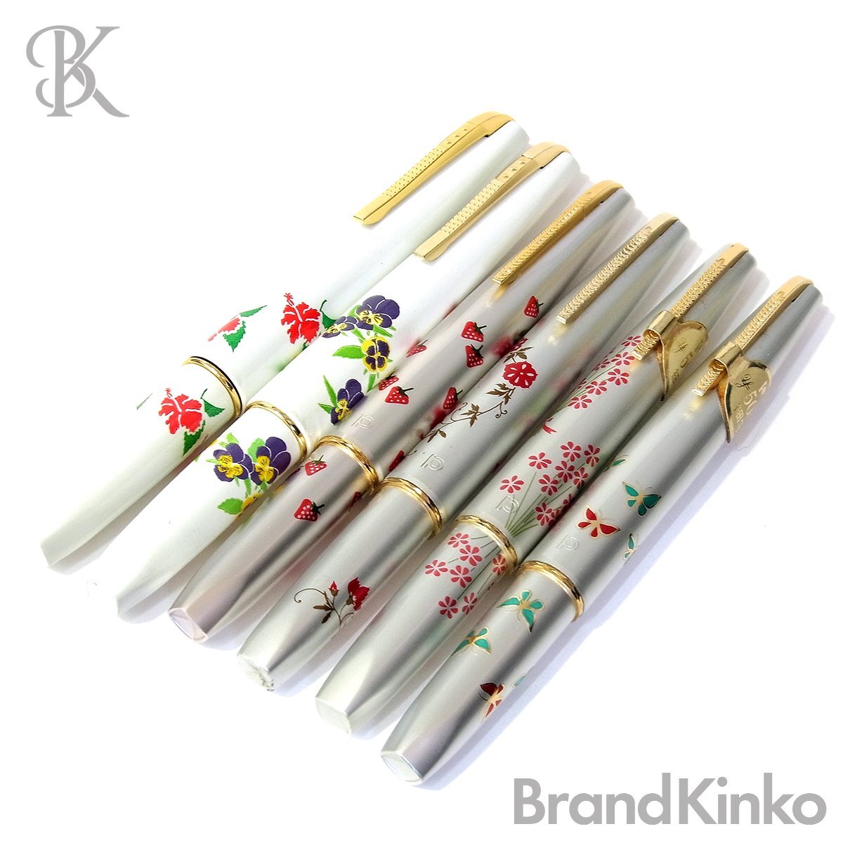 プラチナ 万年筆 6本まとめ ペン先14K ホワイト シルバー 花柄 苺 蝶 レトロ ヴィンテージ 長期保管品 詳細不明 PLATINUM 〓