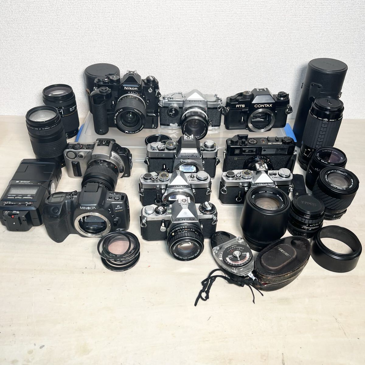 【1円スタート】フィルムカメラ CONTAX RTS OM-1 KONICA Autorex Nikon FE 一眼レフ レンズ大量まとめ 動作未確認 
