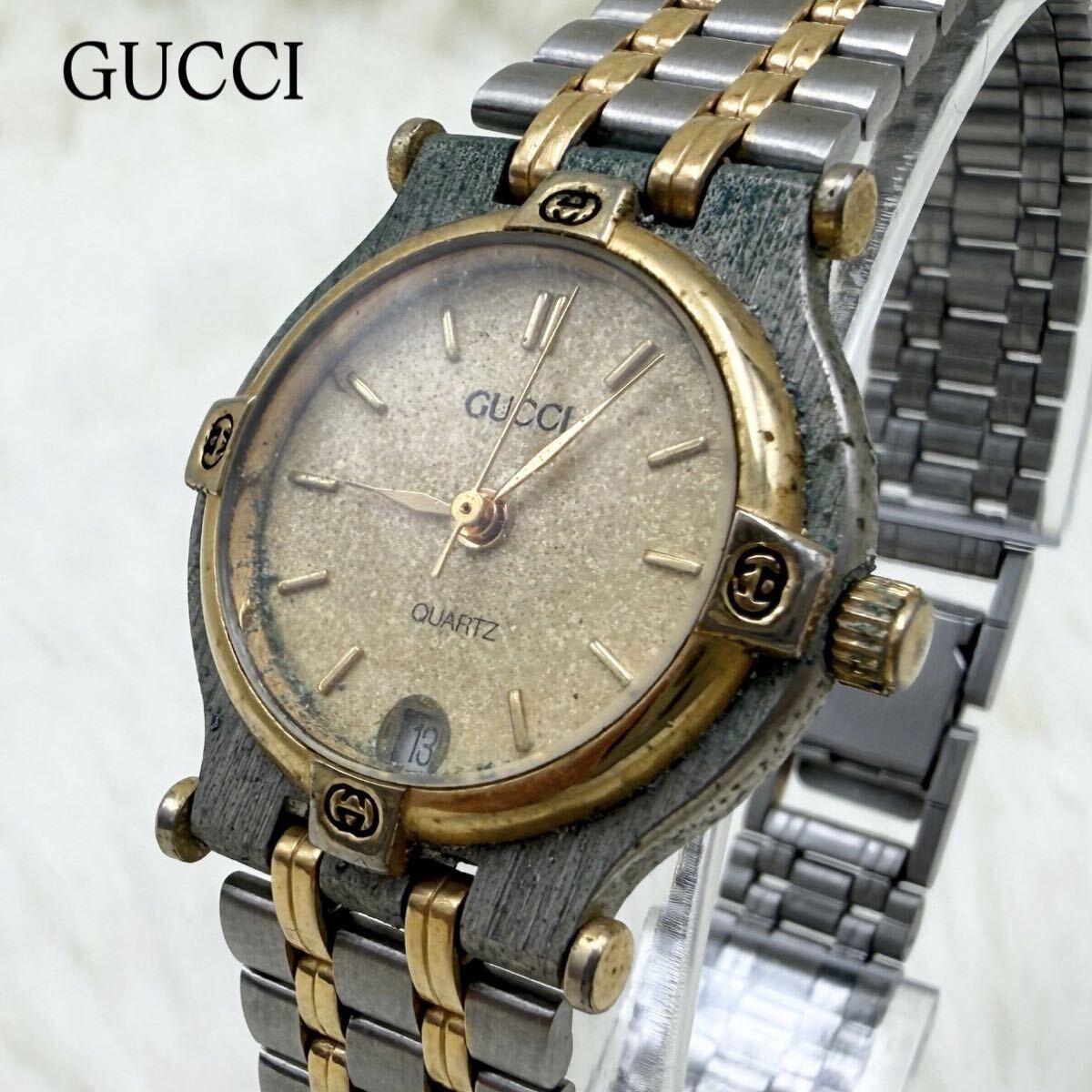 1円スタート 不動品 GUCCI グッチ 9000L レディース ゴールド文字盤 クォーツ デイト コンビ