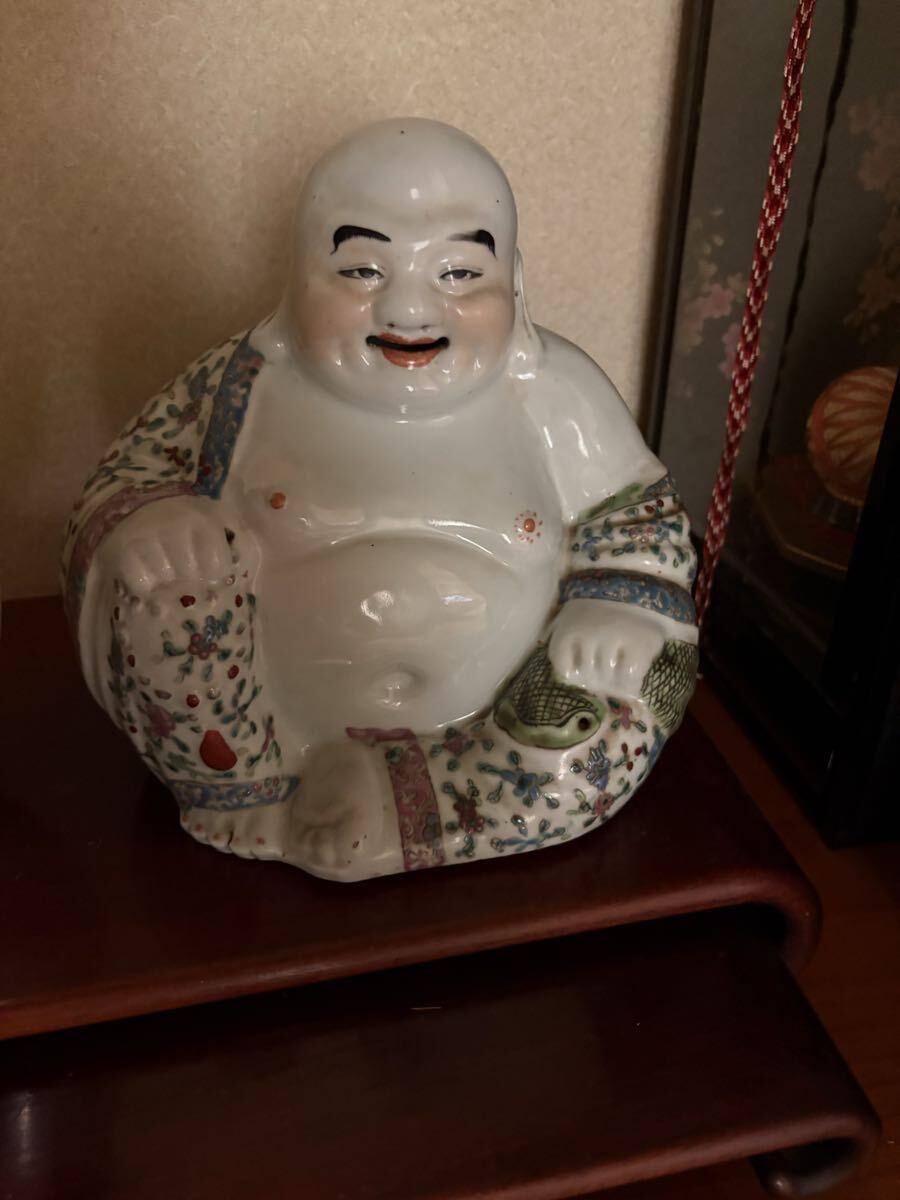 中国美術 布袋様 置物 陶器 色絵 縁起物 骨董品 仏像