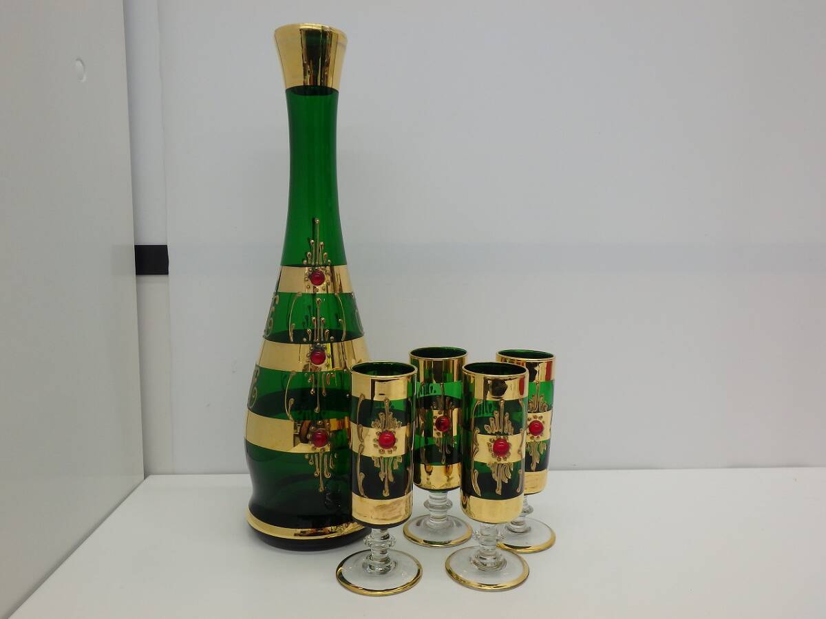 コレクション放出中! 骨董祭 工芸品祭 ボヘミア ピッチャー＆グラス セット グリーン 金彩 アンティーク レトロ 長期保管品