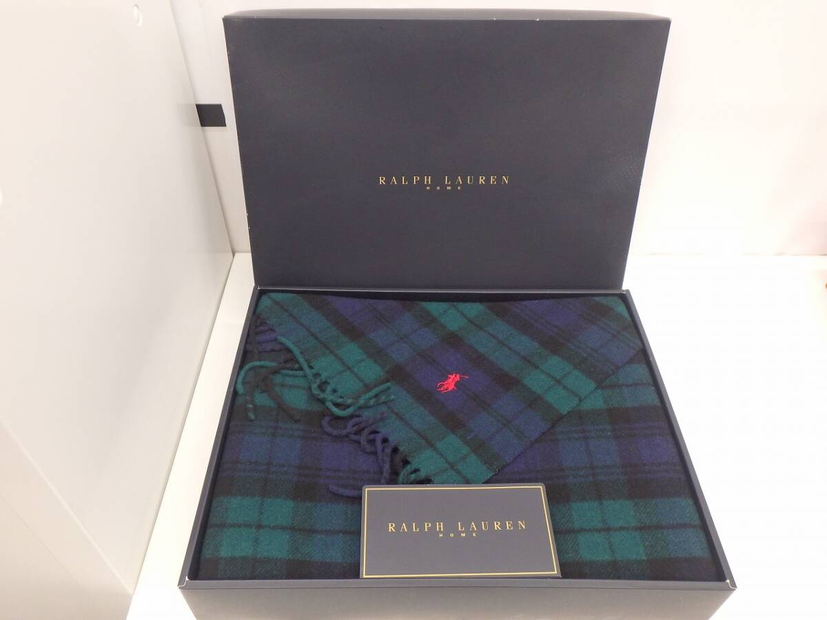 ブランド祭 雑貨祭 ラルフローレン ひざ掛け グリーンタータンチェック 70x140㎝ RALPH LAUREN 大判 ストール ウール 長期保管品 