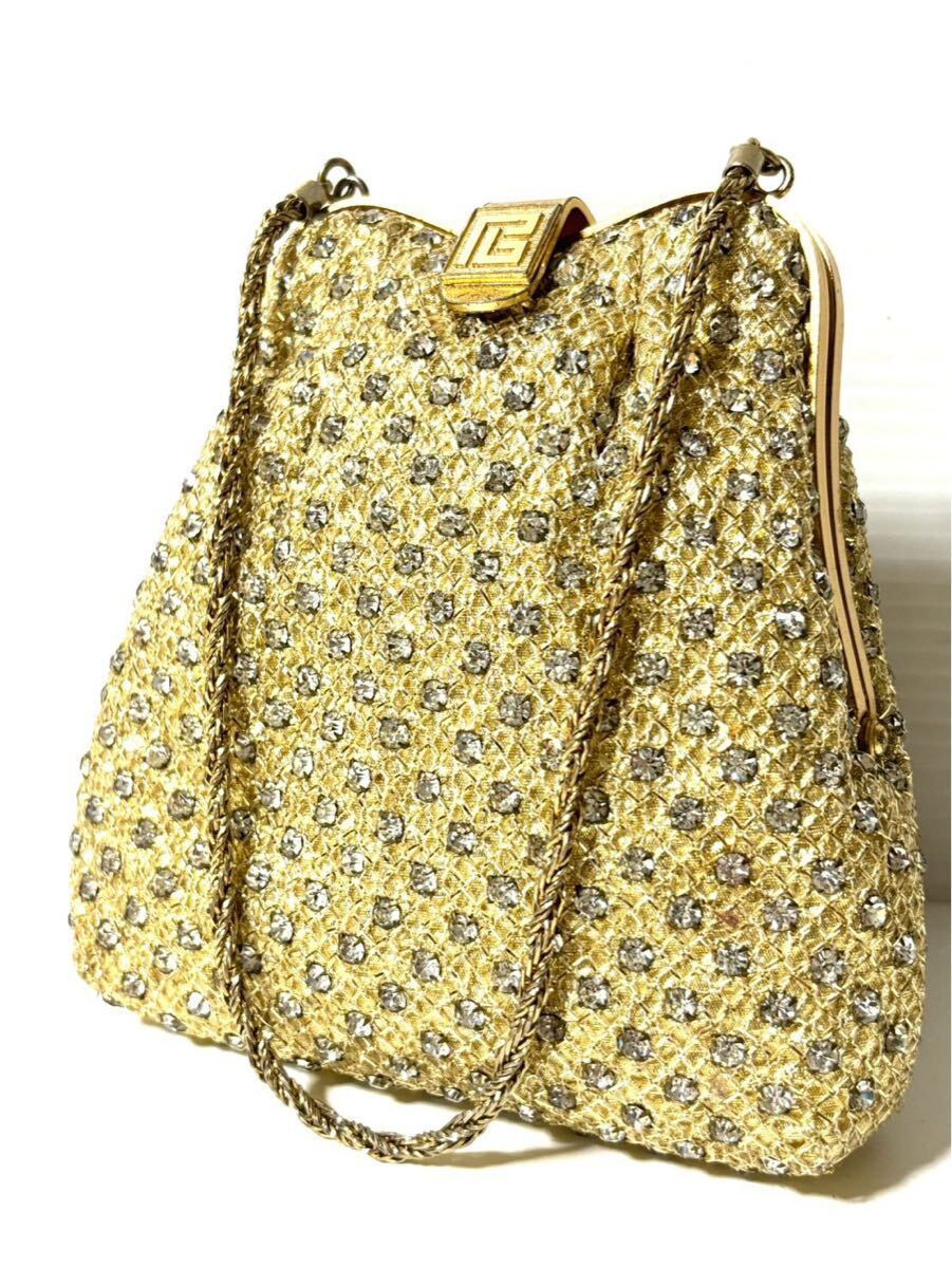 pierre balmain ピエールバルマン パーティーバッグ フォーマルタイプ ゴールド ラインストーン 和装 ヴィンテージ 昭和レトロ　1.5.8