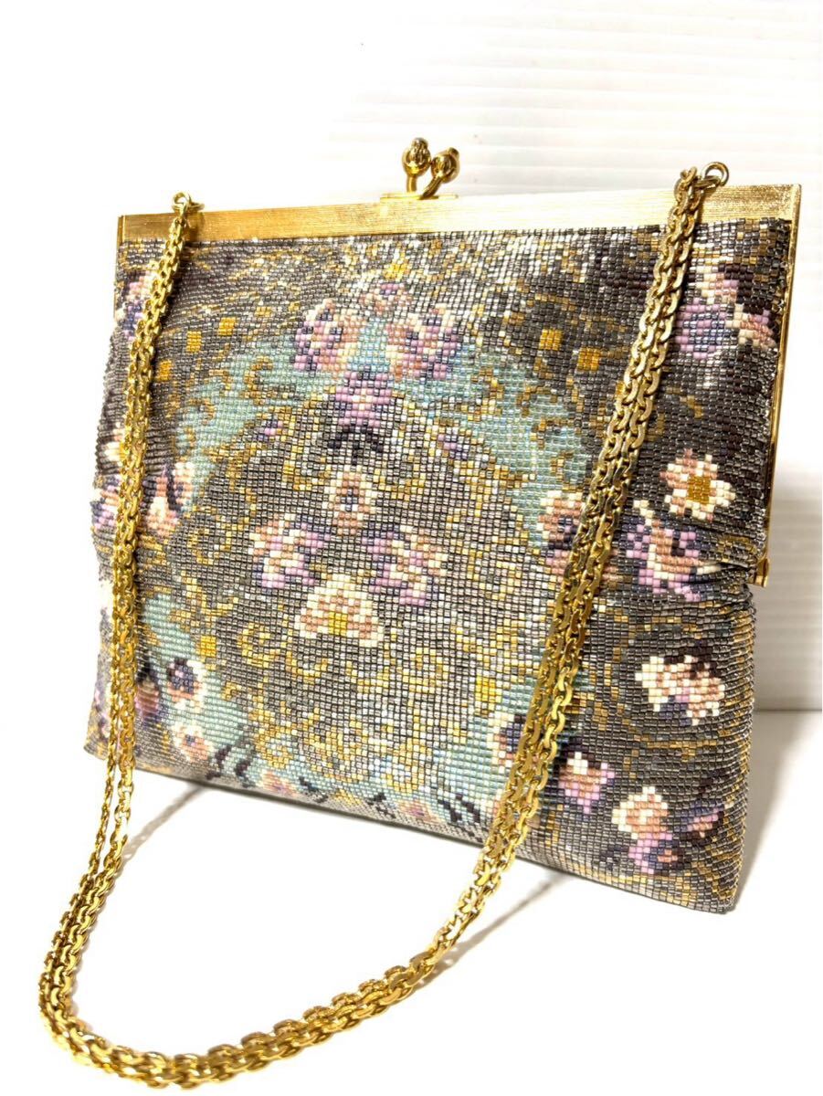 メタルビーズ ハンドバッグ がま口 花柄 アンティーク品 パーティー 和装 昭和レトロ ビーズバッグ がま口ハンドバッグ ヴィンテージ1.6.10