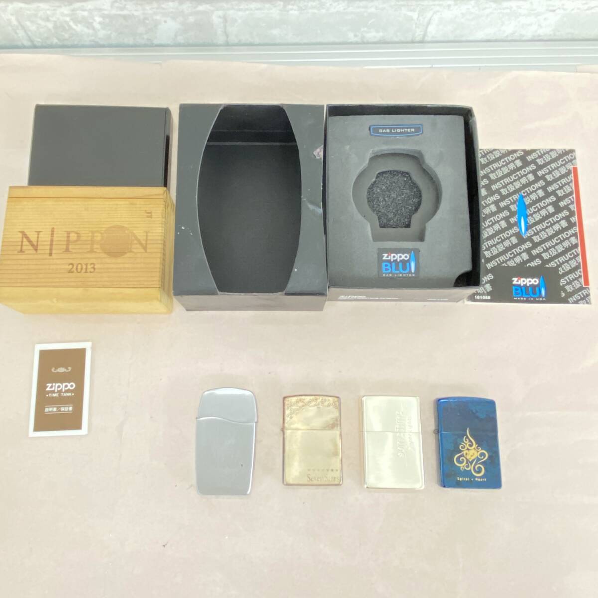 『KT1』Zippo ジッポ/ジッポ・ブルー　セブンスター/スパイラルハート/無地/シルバーカラー/置時計　一部箱付き　火花1点あり　現状品
