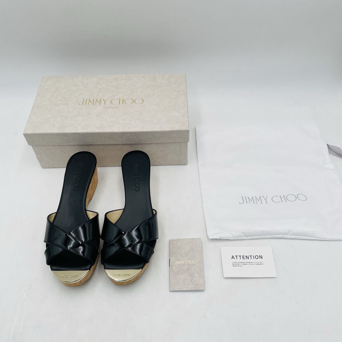 【美品】JIMMY CHOO ジミーチュウ パテント ウェッジソール サンダル 24.0cm 37 ブラック パテントレザー 箱・保存袋付 PANNA
