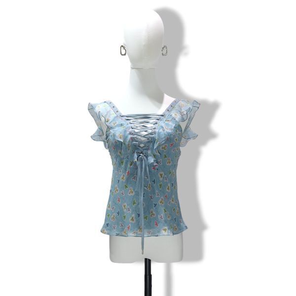 良品 ◆超レア◆ 国内正規品 Christian Dior ディオール John Galliano リーフパターン フリル レースアップ キャミソール トップス