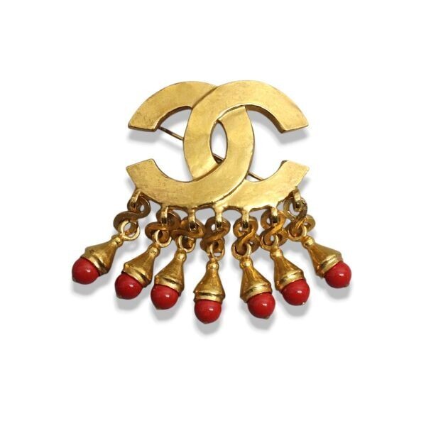 良品 ◆超レア◆ 正規品 97P Vintage CHANEL シャネル ココマーク CC ロゴ ドロップ ブローチ ゴールド金具 × レッド フランス製