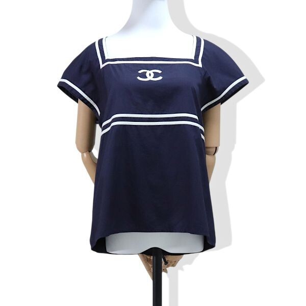 良品 ◆超レア◆ 正規品 Vintage CHANEL シャネル ココマーク CC ロゴ マリン トップス カットソー 半袖 40 ネイビー フランス製