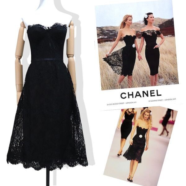 良品 ◆超レア◆ 正規品 95A Vintage CHANEL シャネル レース ベアトップ ドレス ワンピース 36 ブラック フランス製