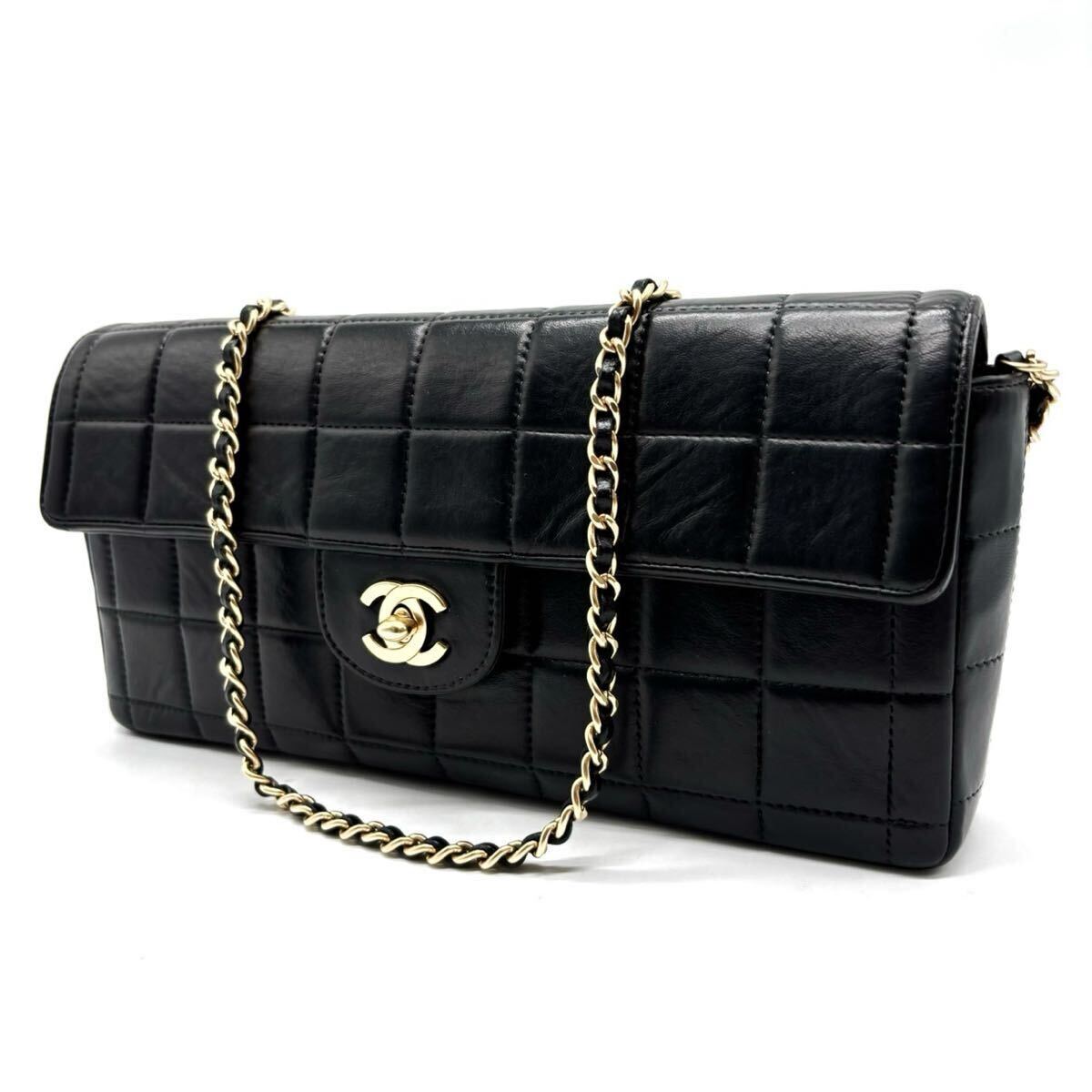 1円【最高級品】CHANEL シャネル チョコバー ココマーク ゴールド金具 チェーンショルダーバッグ ポシェット ラムレザー 革 ブラック 黒 