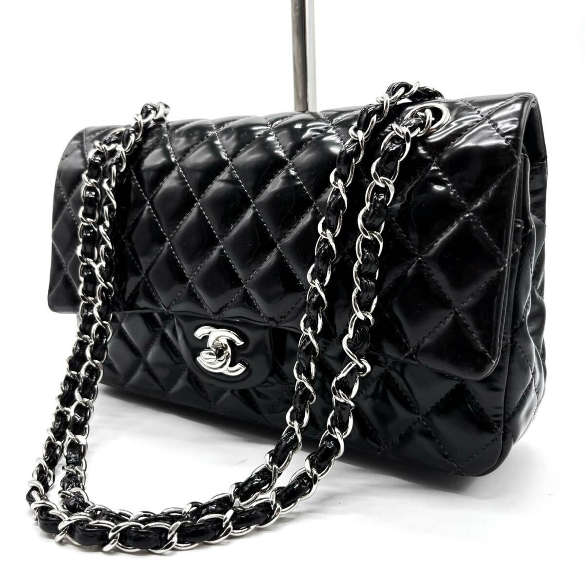 1円【最高級品】CHANEL シャネル ダブルフラップ マトラッセ ココマーク ショルダーバッグ シルバー金具 パテントレザー ブラック シール