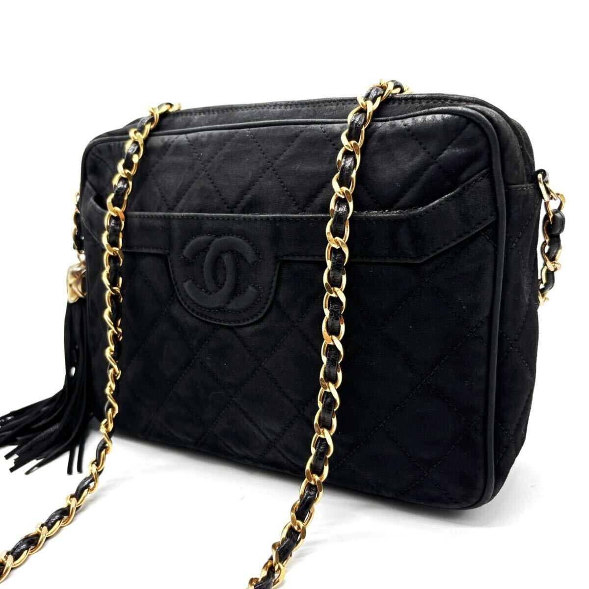 1円【最高級品】CHANEL シャネル ココマーク ゴールド金具 チェーン ショルダーバッグ ポシェット フリンジ ブラック 黒 スウェード 