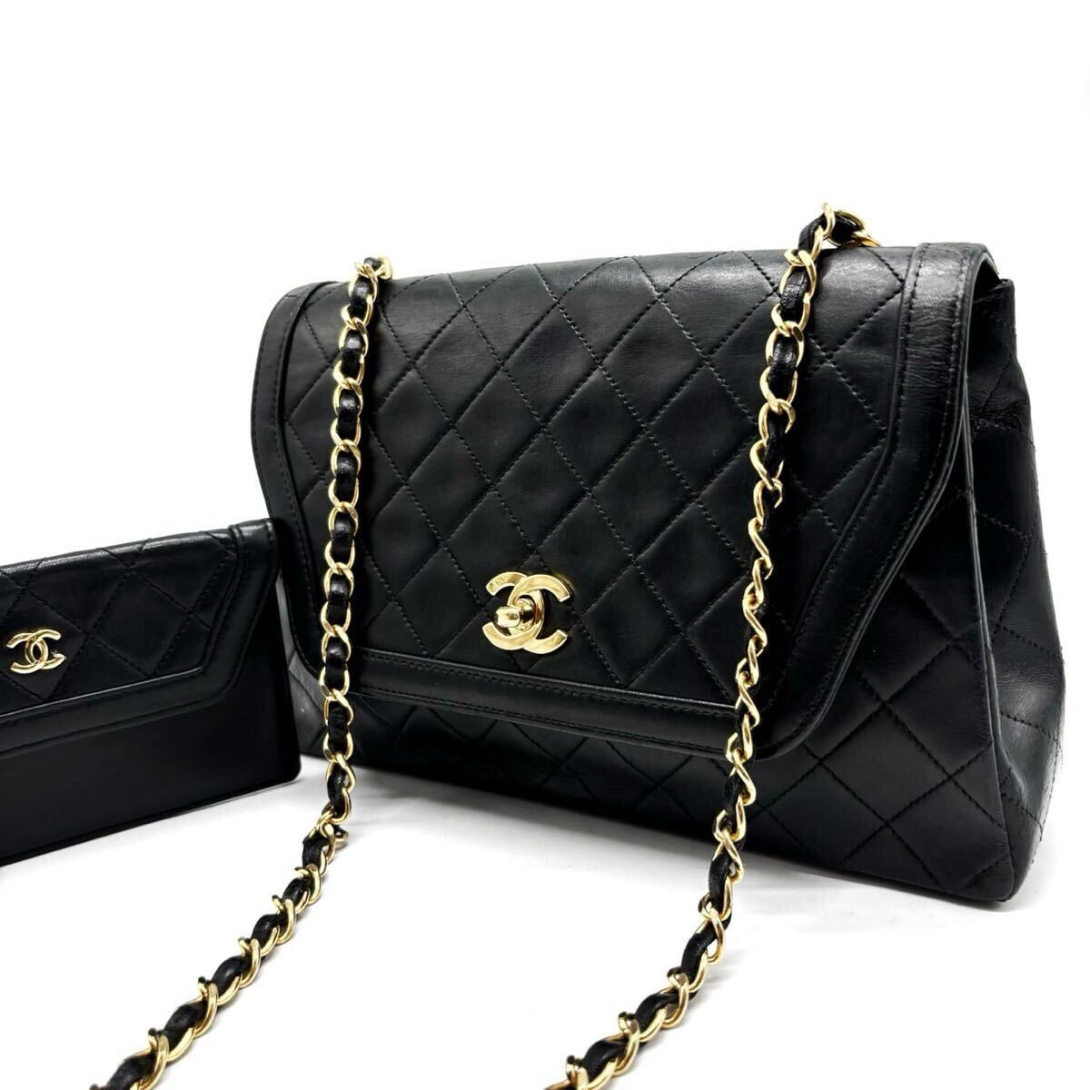 1円【最高級品】CHANEL シャネル マトラッセ シングルフラップ チェーンショルダーバッグ ラムスキン ゴールド金具 ブラック 黒 ポーチ付