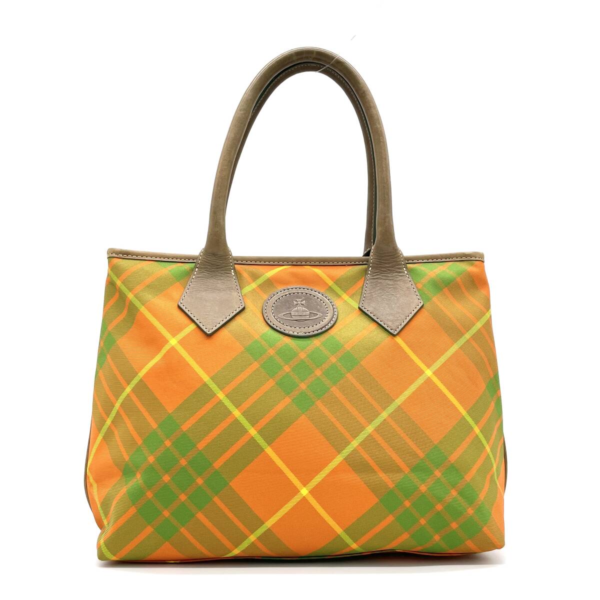 1円 良品 Vivienne Westwood ヴィヴィアンウエストウッド オーブ ロンドンチェック トートバッグ ハンドバッグ オレンジ系