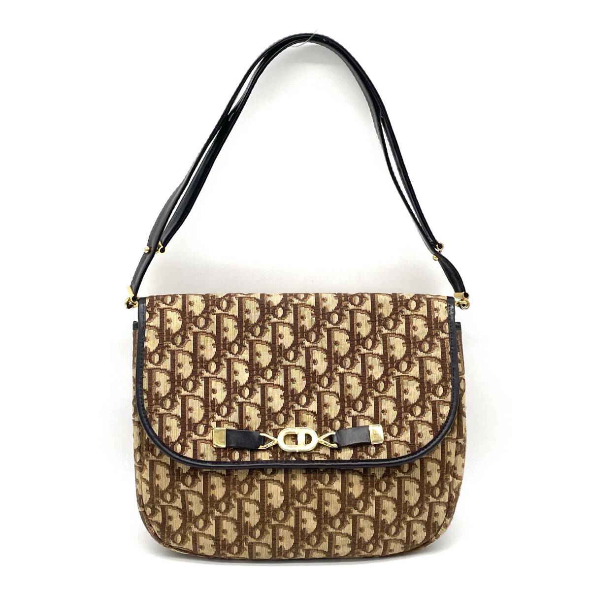 1円 極美品 Christian Dior クリスチャンディオール トロッター ジャガード CDロゴ 2WAY ショルダーバッグ ブラウン