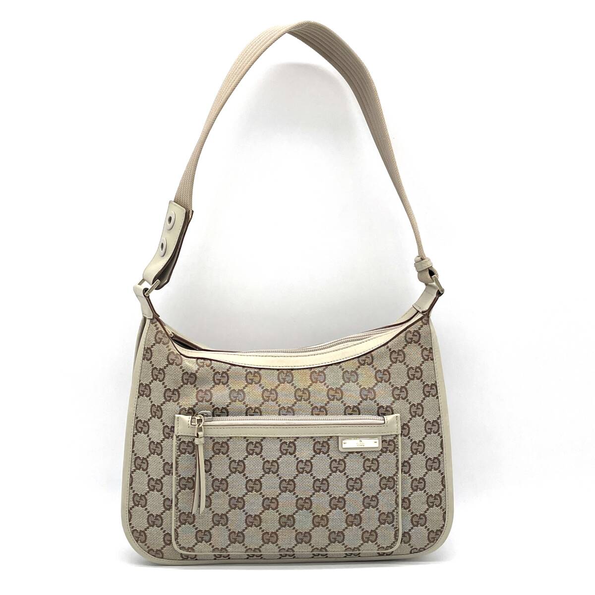1円 美品 GUCCI グッチ GGキャンバス ホーボー ショルダーバッグ ワンショルダー アイボリー 001 4198