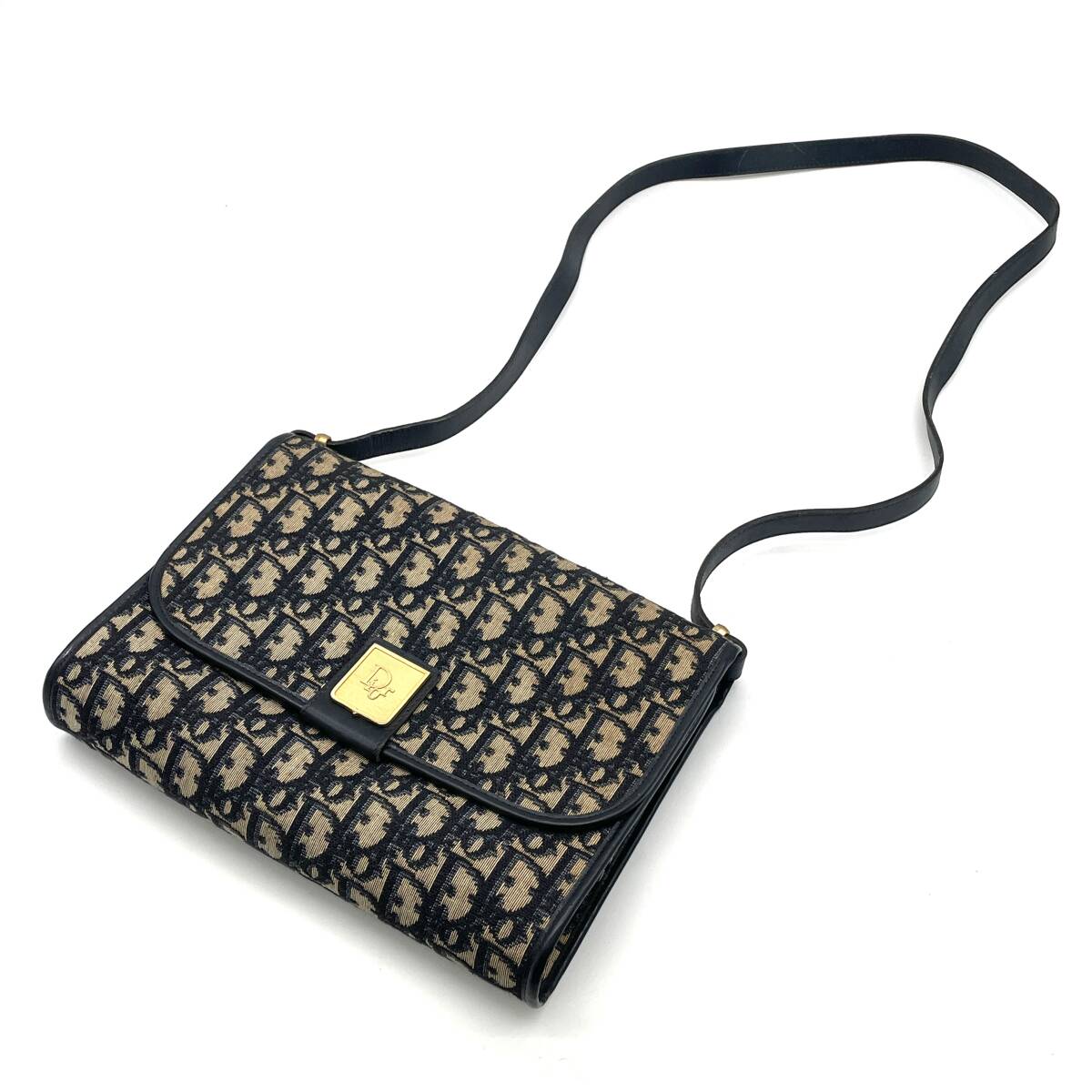 1円 美品 Christian Dior クリスチャンディオール トロッター ジャガード Diorロゴ ショルダーバッグ ネイビー