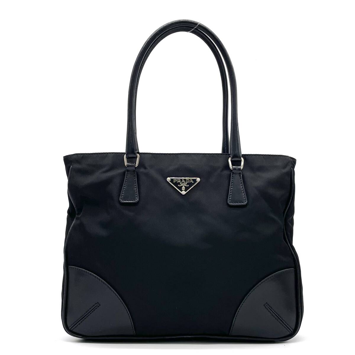 1円 美品 PRADA プラダ テスートナイロン レザー 三角ロゴ トートバッグ ハンドバッグ ブラック