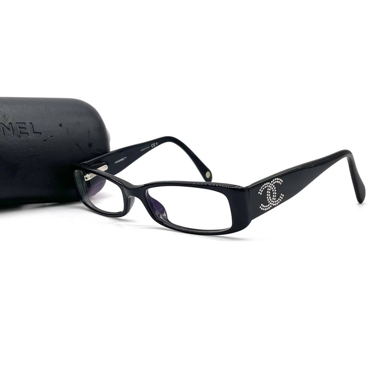 良品 CHANEL シャネル メガネ ココマーク ラインストーン スクエア 3096-B ブラック 50□16 135 847