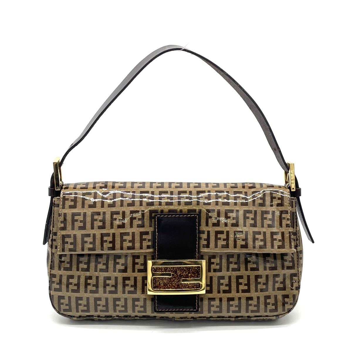 1円 美品 FENDI フェンディ ズッカ ズッキーノ グリッター マンマバケット ショルダーバッグ ワンショルダー ブラウン