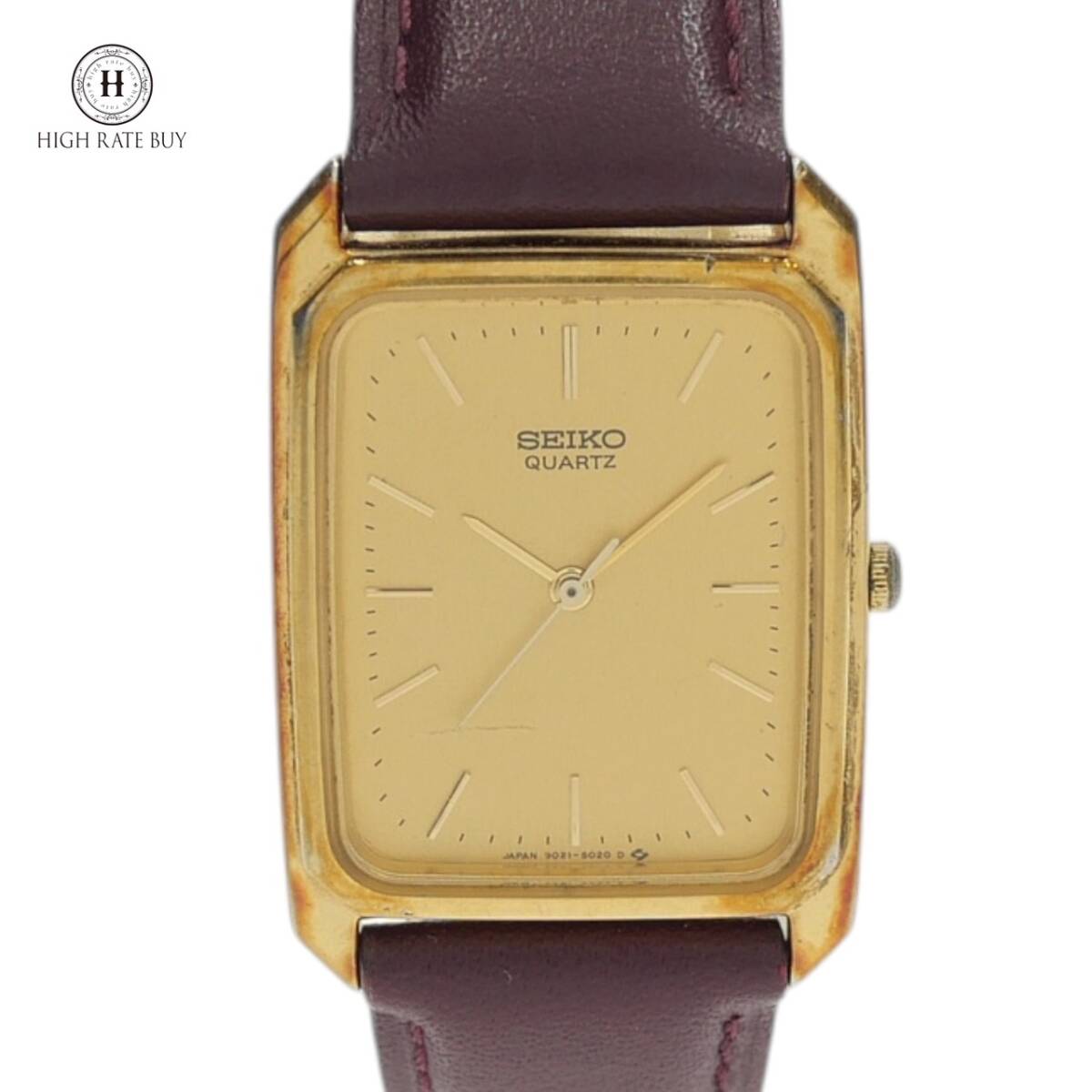 1円スタート 稼働品 SEIKO セイコー メンズ 腕時計 9021-5010 クォーツ QZ スクエアフェイス 3針 レザーベルト SS ゴールド文字盤