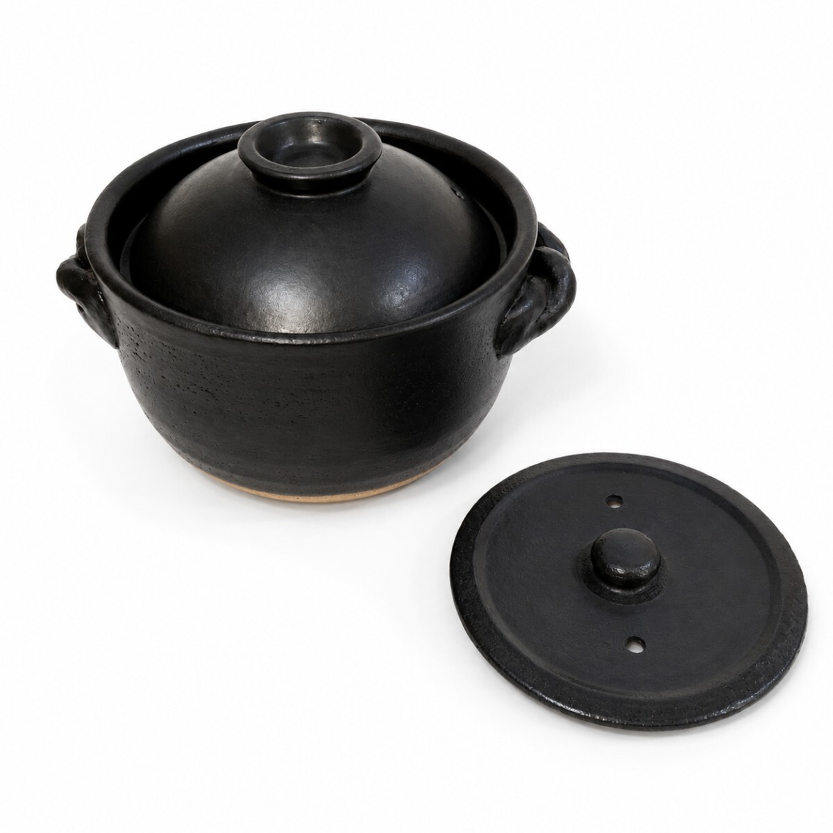 (8-9)新品保管品 国産四日市焼 ごはん鍋 黒釉 炊飯土鍋 二重蓋 3合炊き 箱付き ご飯鍋 土鍋