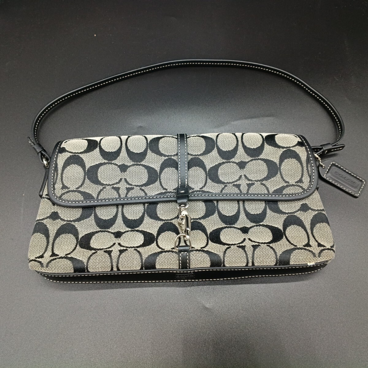 8-21 COACH コーチ シグネチャー ハンドバッグ セミショルダーバッグ キャンバス レザー ブラック グレー 27×15cm 中古